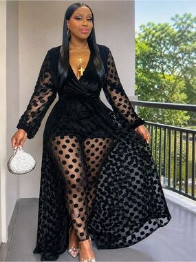 Black Sheer Polka-Dot Maxi Dress with Deep V